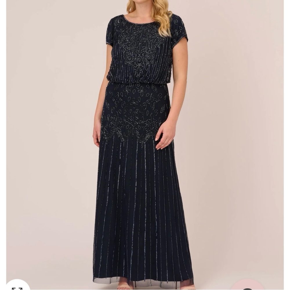 Adrianna Papell short sleeve blouson beaded gown in navy